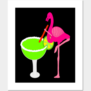 Funny flamingo drinking a margarita Posters and Art